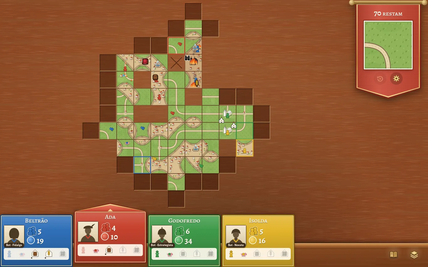 Uma partida no computador: o mapa, o painel dos jogadores e a peça na mão